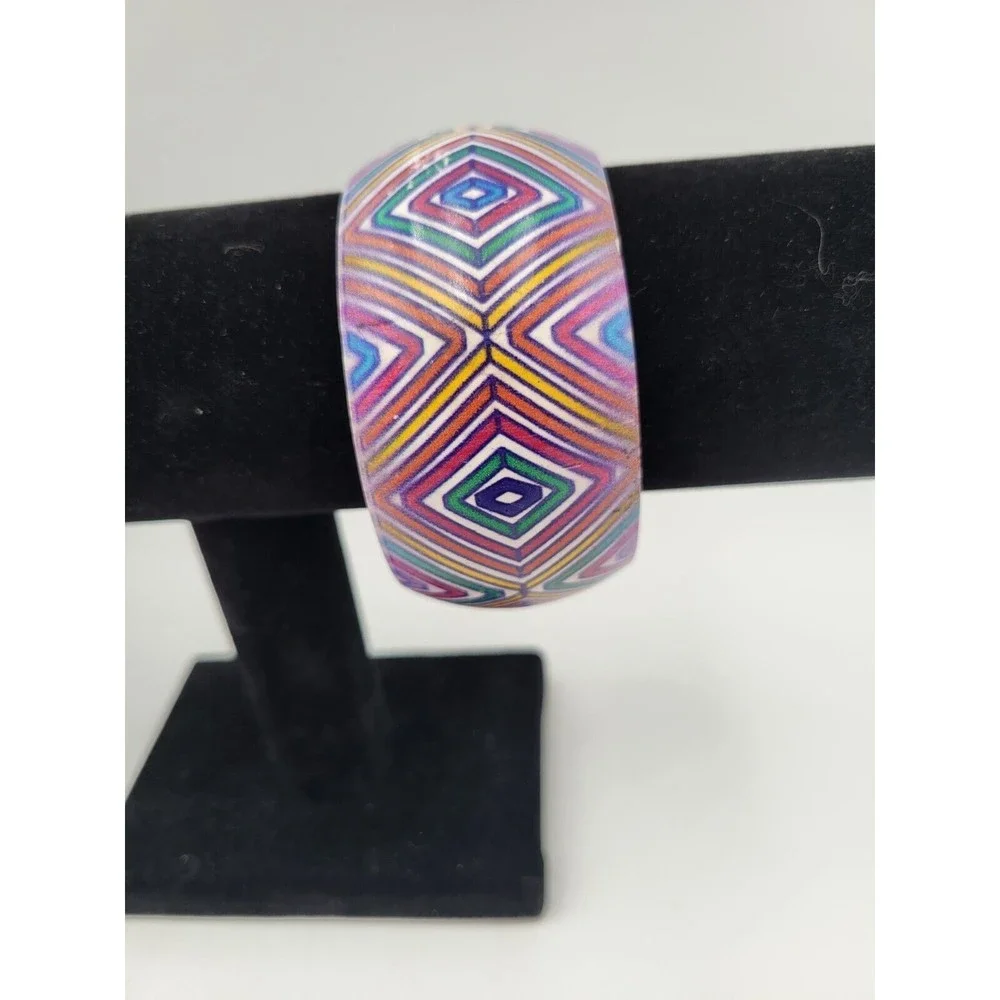 Vintage‎ Bangle Bracelet Wide Chunky Bangle Painted Geometric Pink Purple Orange